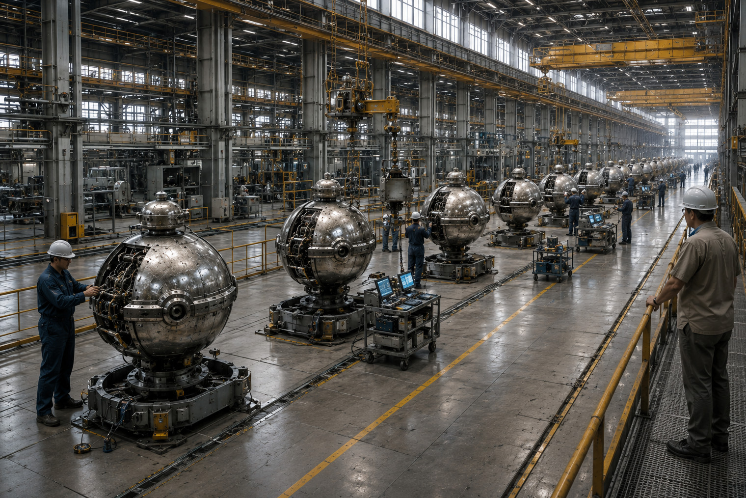 Macroelectrons undergoing maintenance in one of Helios' factories